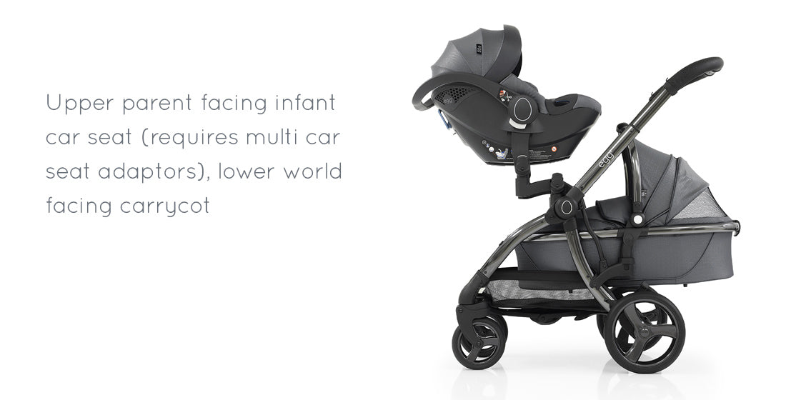 egg tandem stroller - Upper parent facing infant car seat (requires multi car seat adaptors), lower world facing carry cot